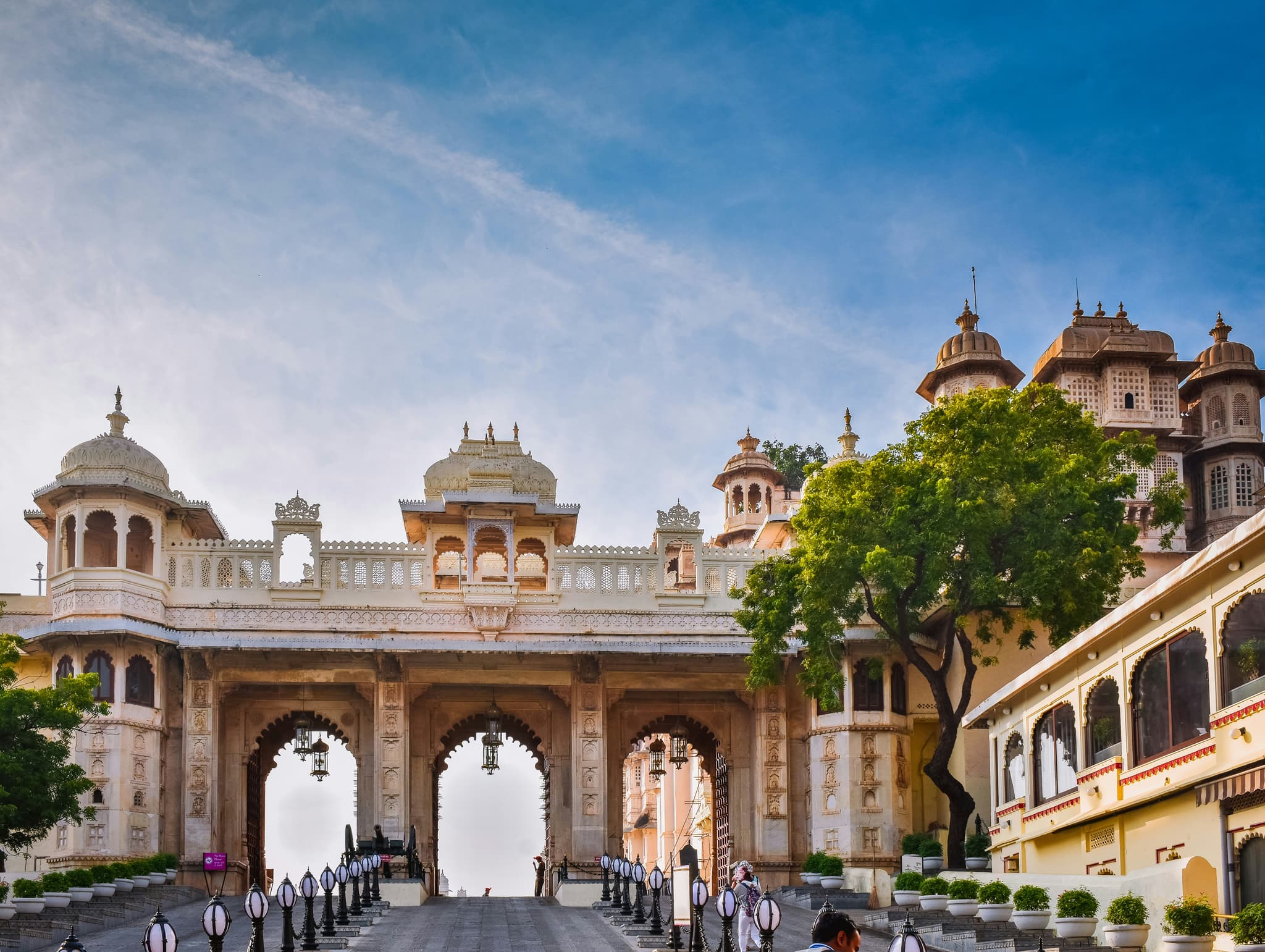 Ornate garden fountains and pavilions, evoking the ceremonial pageantry near Amritsar's Wagah Border