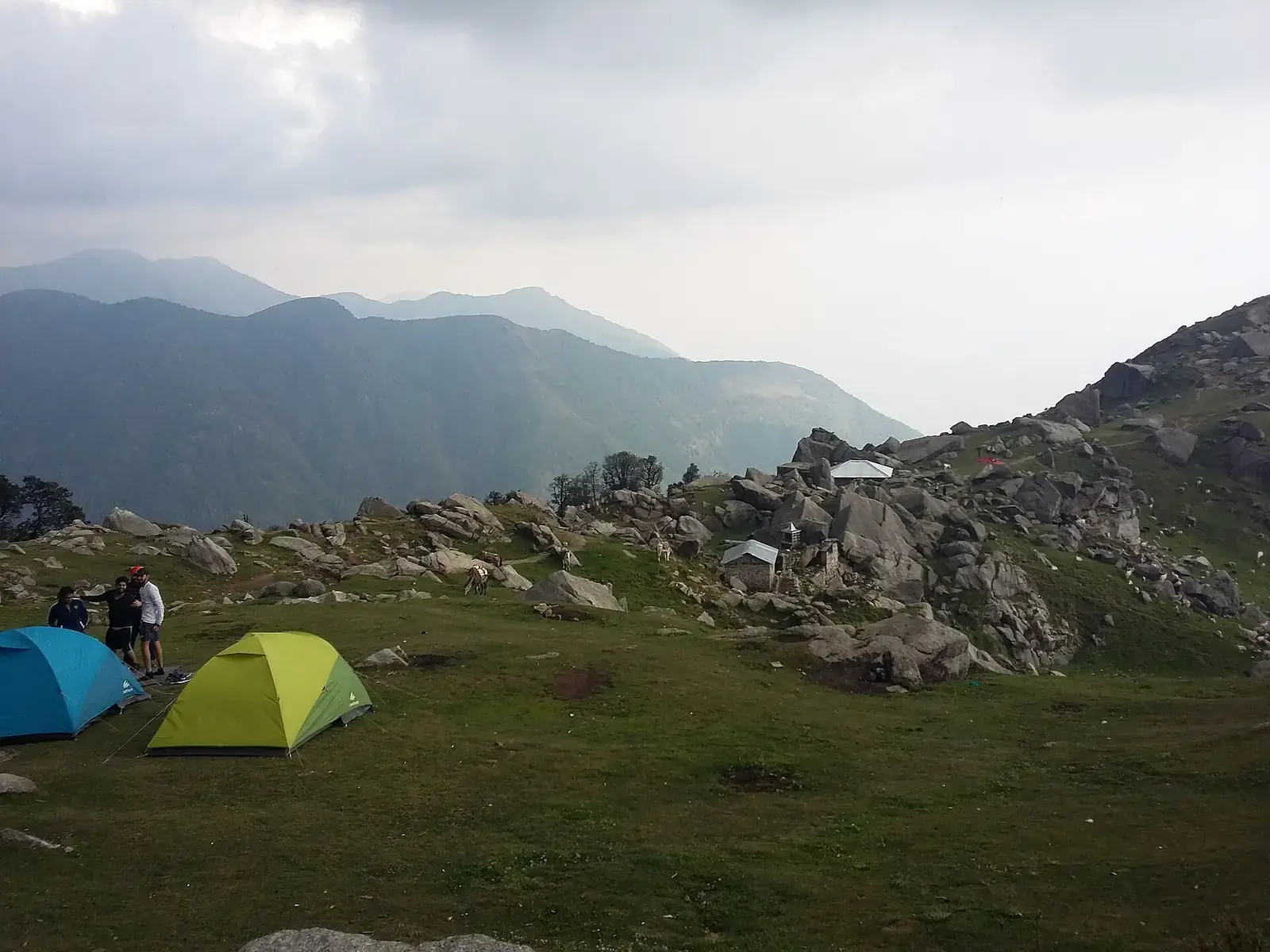 Tents pitched on the ridge at Triund, Himachal Pradesh