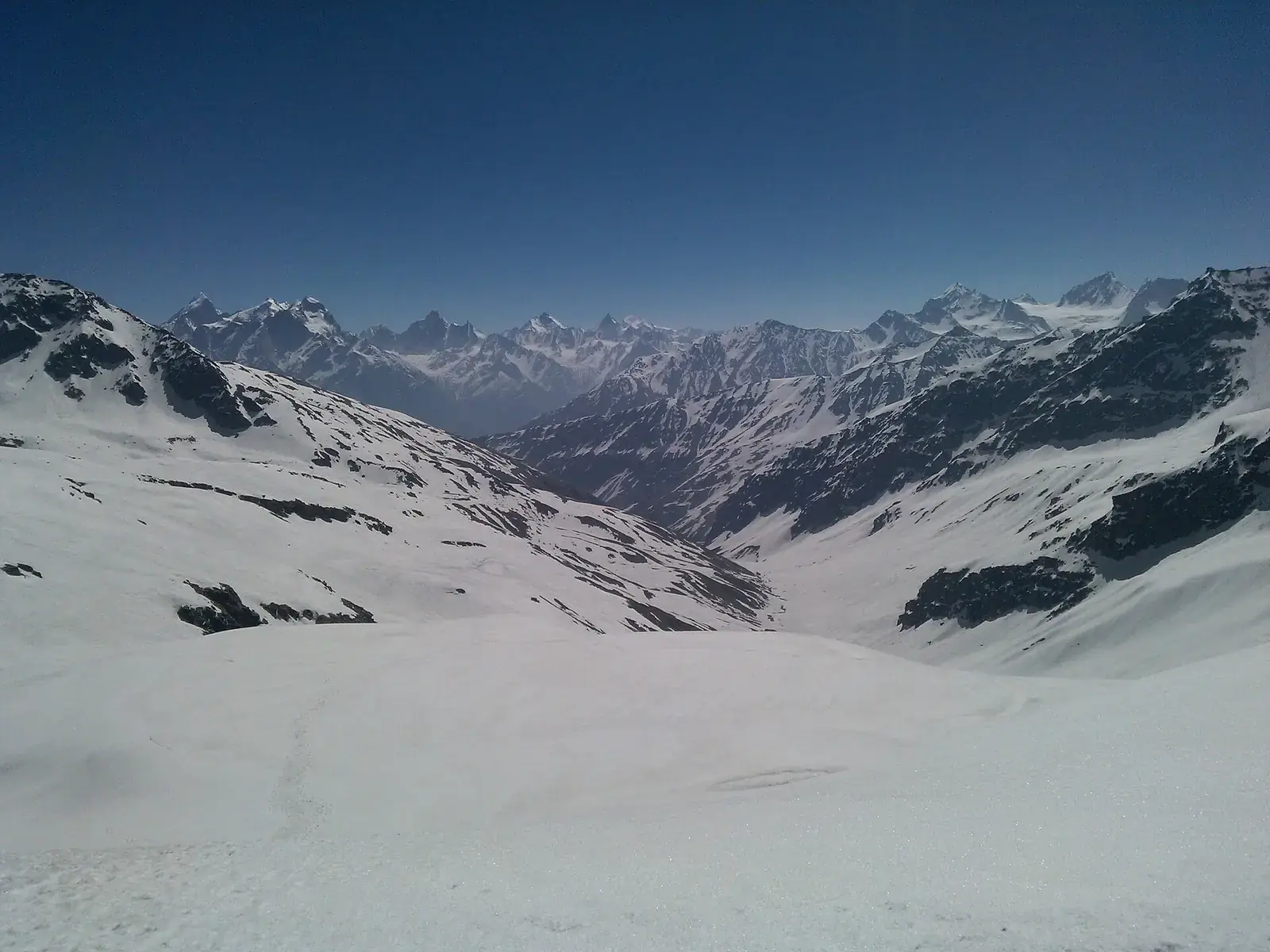 Snowfields on the Rupin Pass trek looking towards Sangla Valley