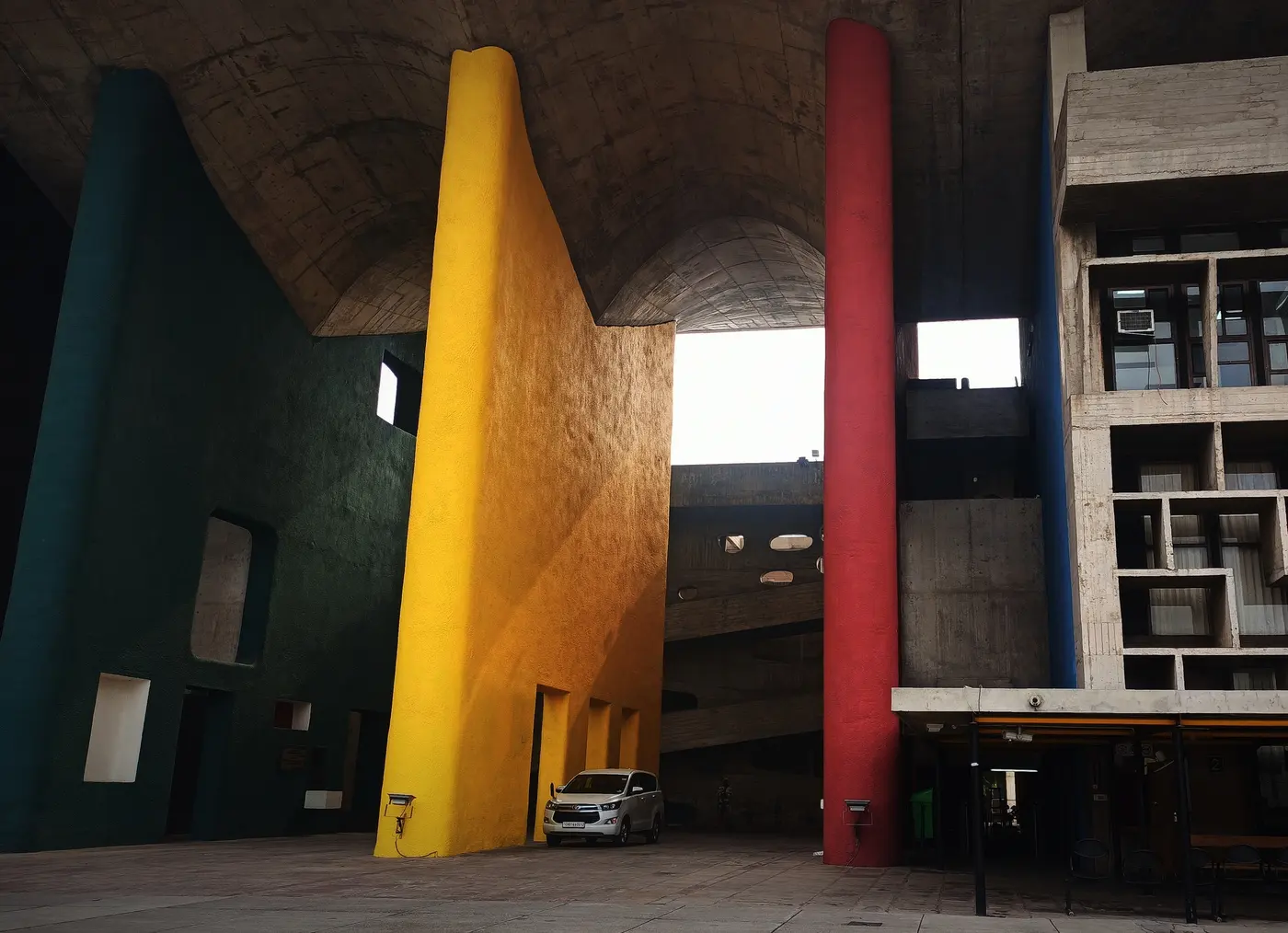 Le Corbusier's brutalist Punjab and Haryana High Court building at the Capitol Complex, Chandigarh, with its colourful concrete pylons