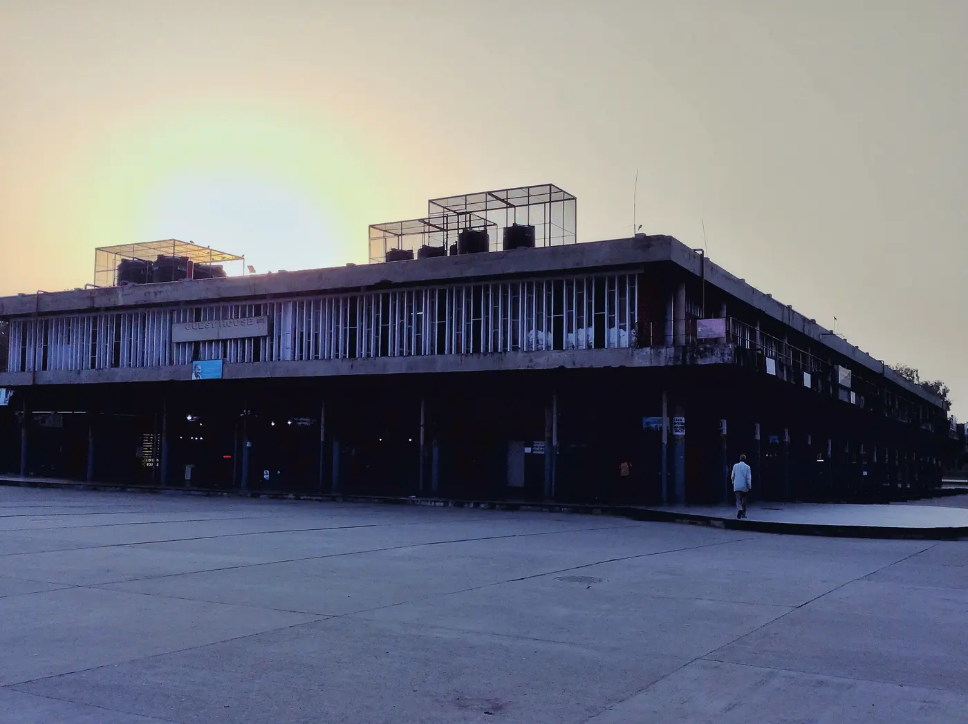 The older Inter State Bus Terminal (ISBT) building at Sector 17, Chandigarh, at dusk