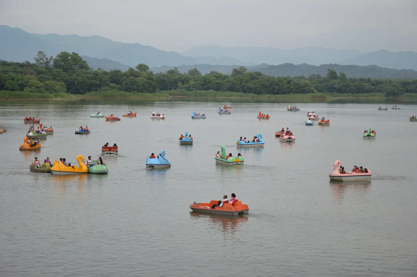 Colourful swan and pedal boats scattered across Sukhna Lake with the Shivalik hills rising behind the water
