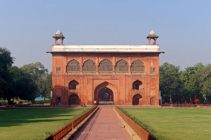 The red sandstone walls and Lahori Gate of the Red Fort, Delhi