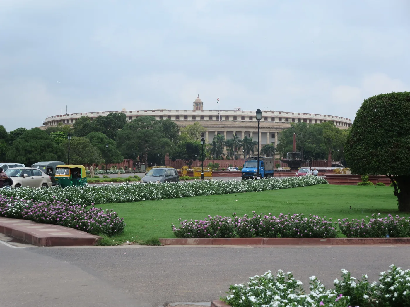 The circular colonnaded facade of the old Parliament House (Sansad Bhavan), New Delhi