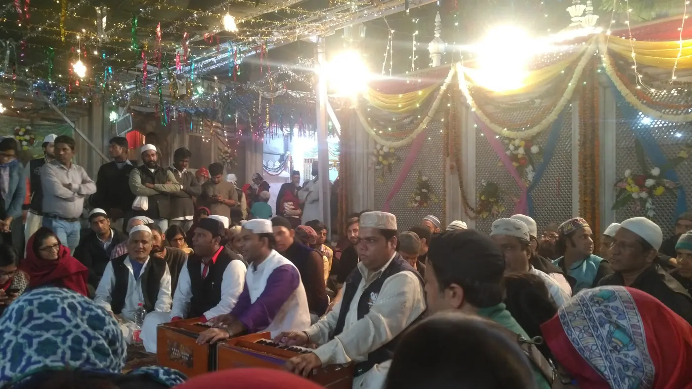 Qawwali singers performing in the courtyard of the Nizamuddin dargah, Delhi