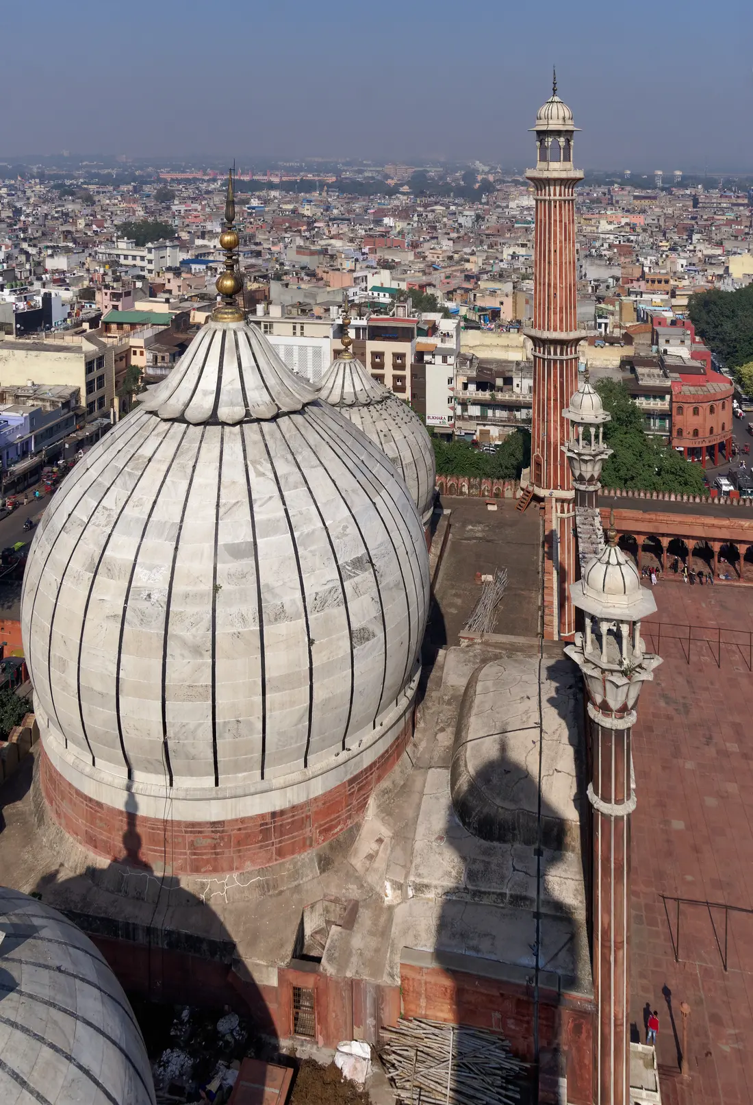 View from Jama Masjid's minaret over the marble domes and the dense rooftops of Old Delhi