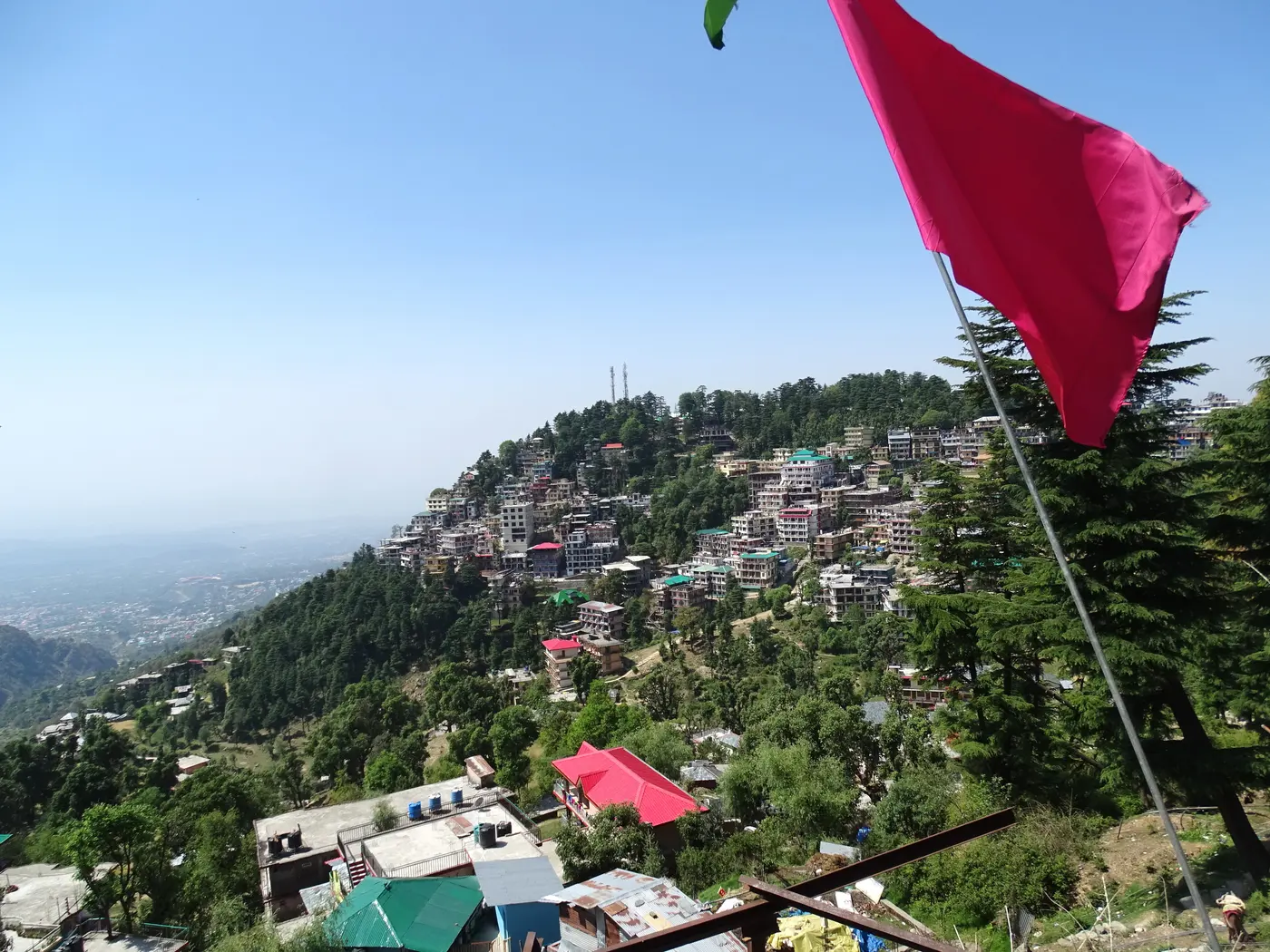 Prayer flags fluttering over the hillside town of McLeod Ganj near Dharamshala