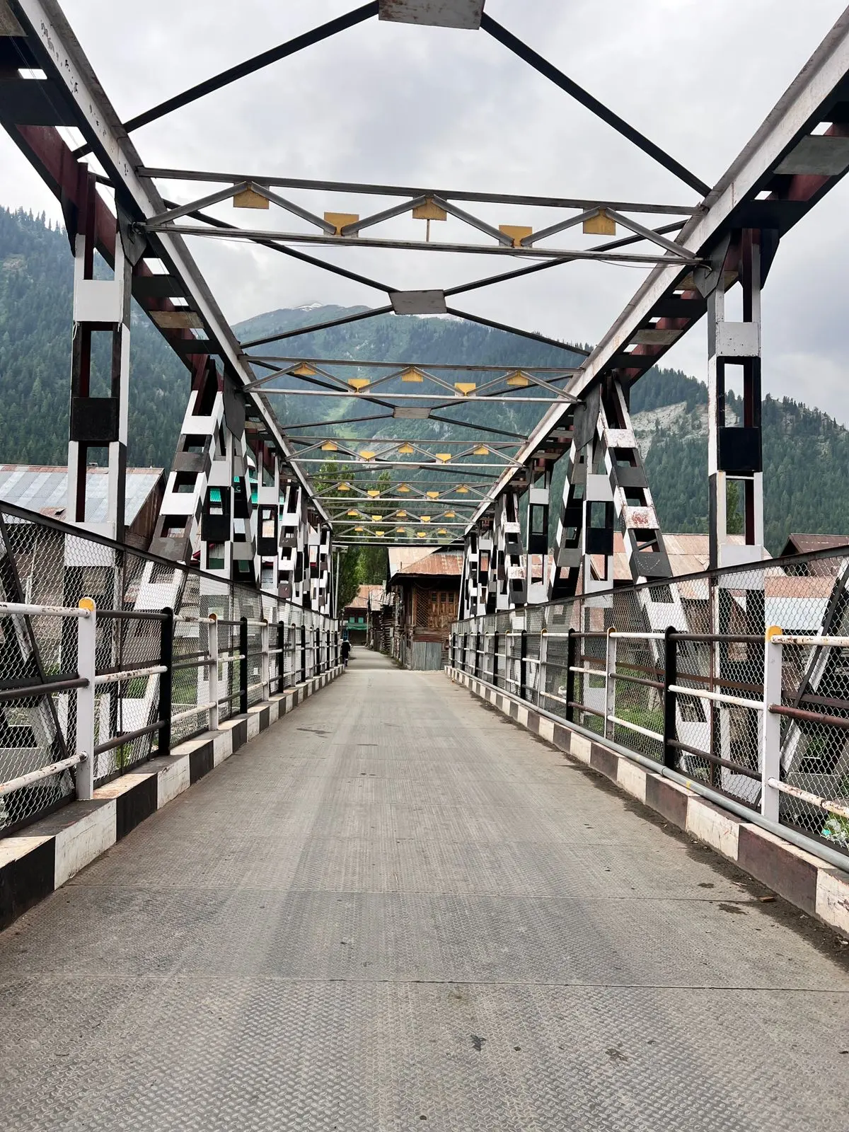 Footbridge leading into Dawar village, Gurez Valley, with traditional wooden and tin-roofed houses beyond