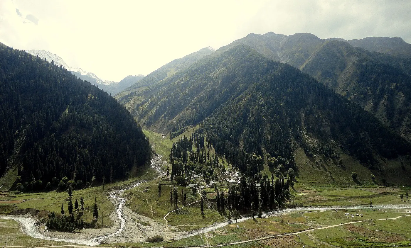 A small settlement amid pine forest and a mountain stream near Baltal, the last village of the Kashmir Valley