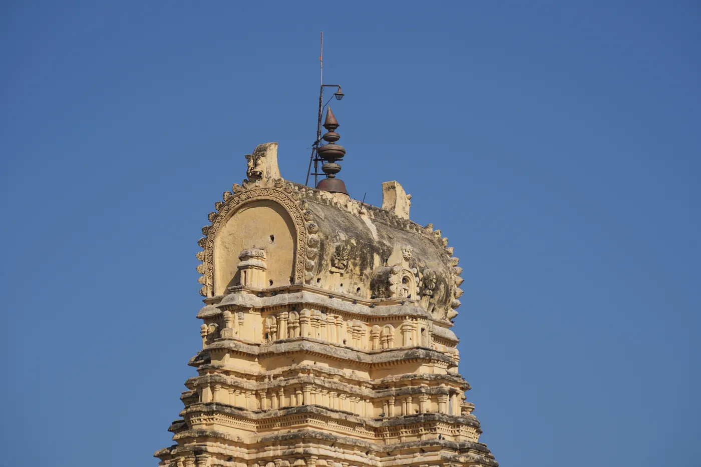 Close-up of the carved gopuram tower of Virupaksha Temple, Hampi