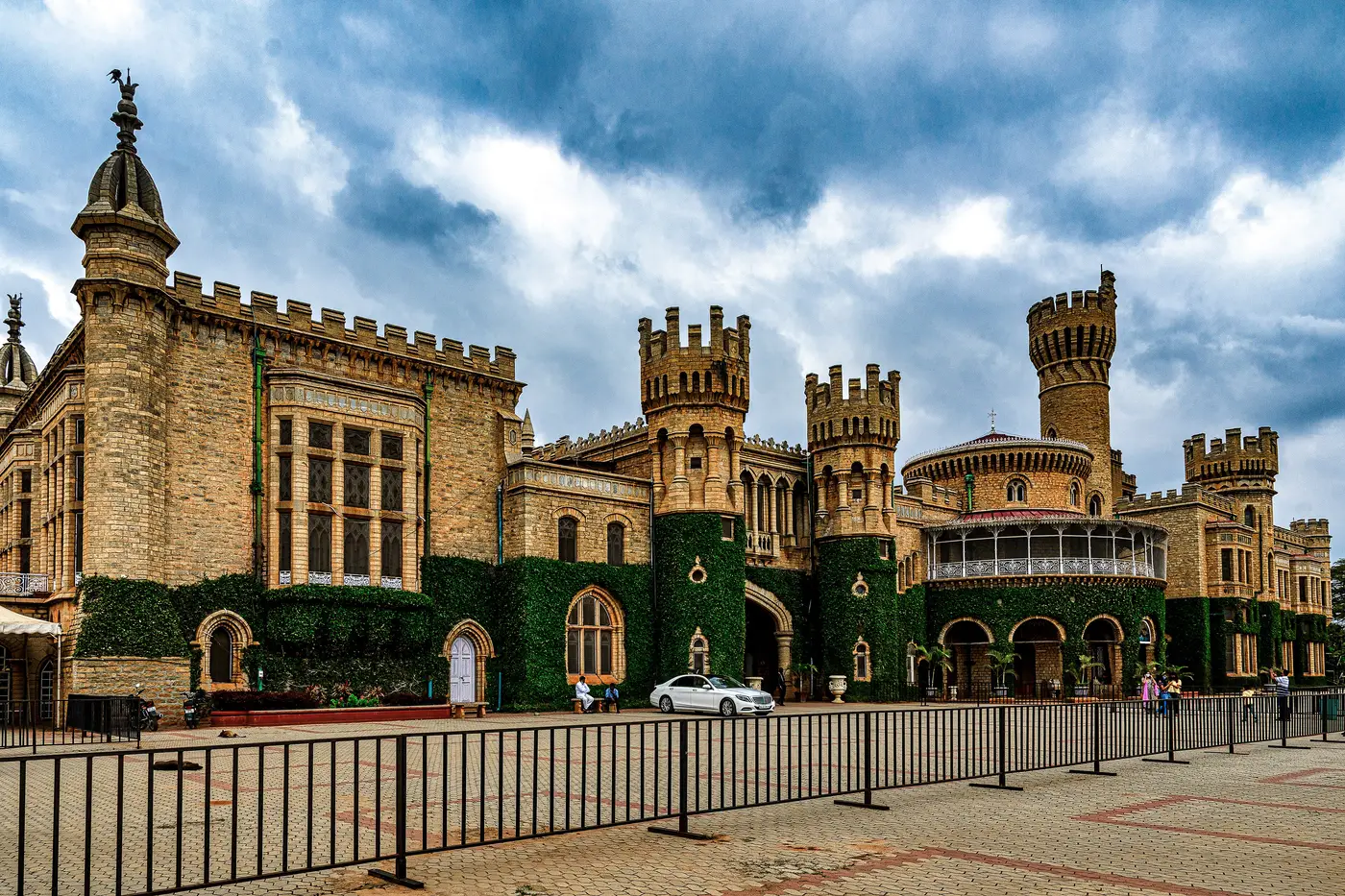 The Tudor-Gothic towers and ivy-covered facade of Bangalore Palace