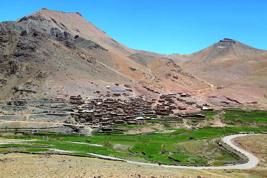 A terraced village tucked among green fields in the mountainous Batalik sector near the Line of Control, Ladakh