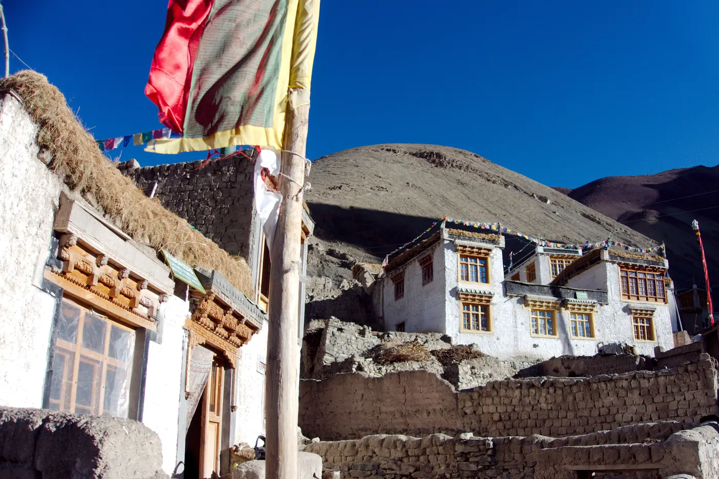 Whitewashed traditional homes strung with prayer flags in Rumbak village, a base for Hemis National Park homestays