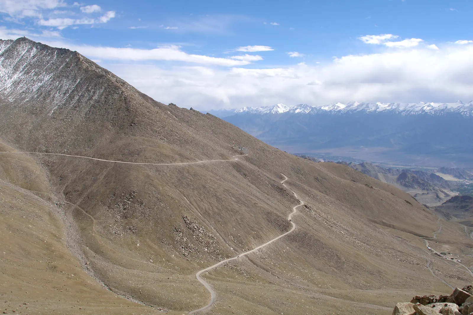 The winding road switchbacking up Khardung La through the barren Ladakh Range