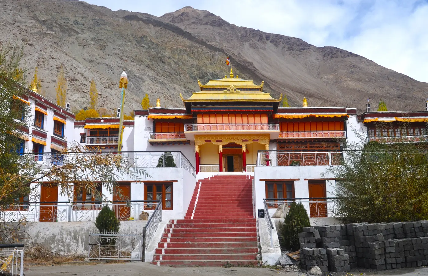 Samstanling Monastery set among poplar groves above Sumur village, Nubra Valley