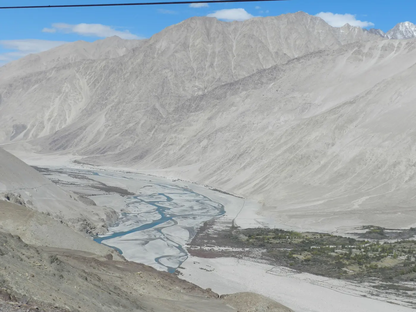 The braided Shyok River winding through its valley on the route from Nubra to Pangong