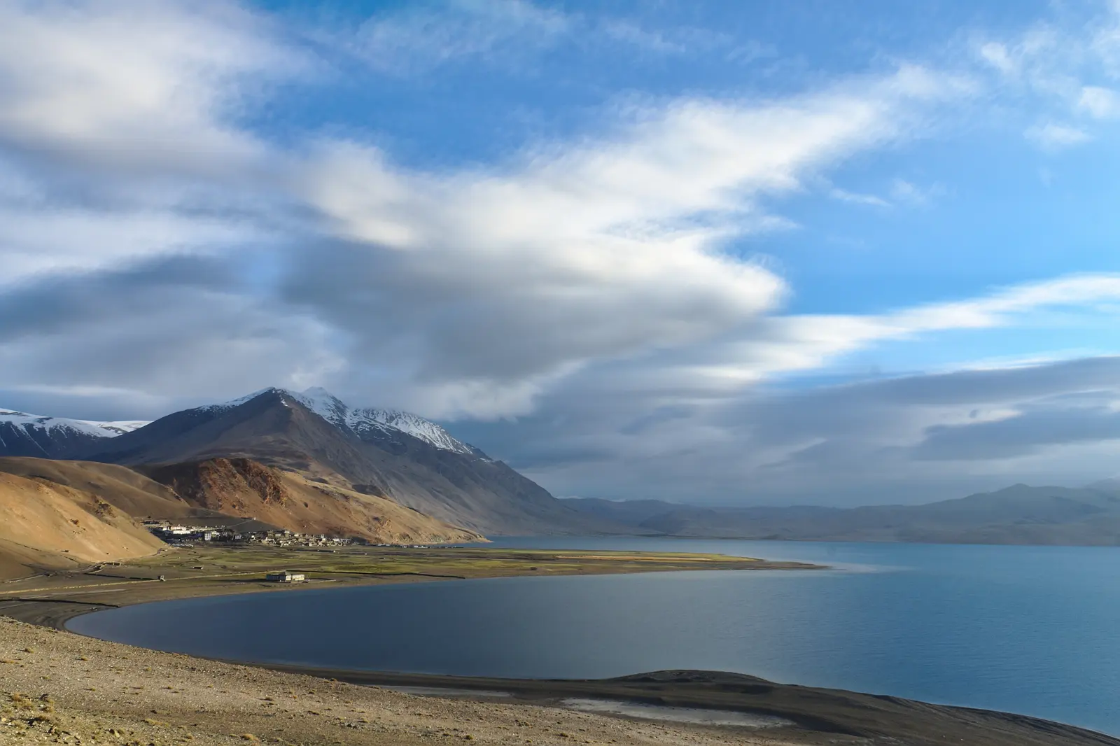 Tso Moriri lake with Korzok village on its shore, Rupshu plateau, Ladakh