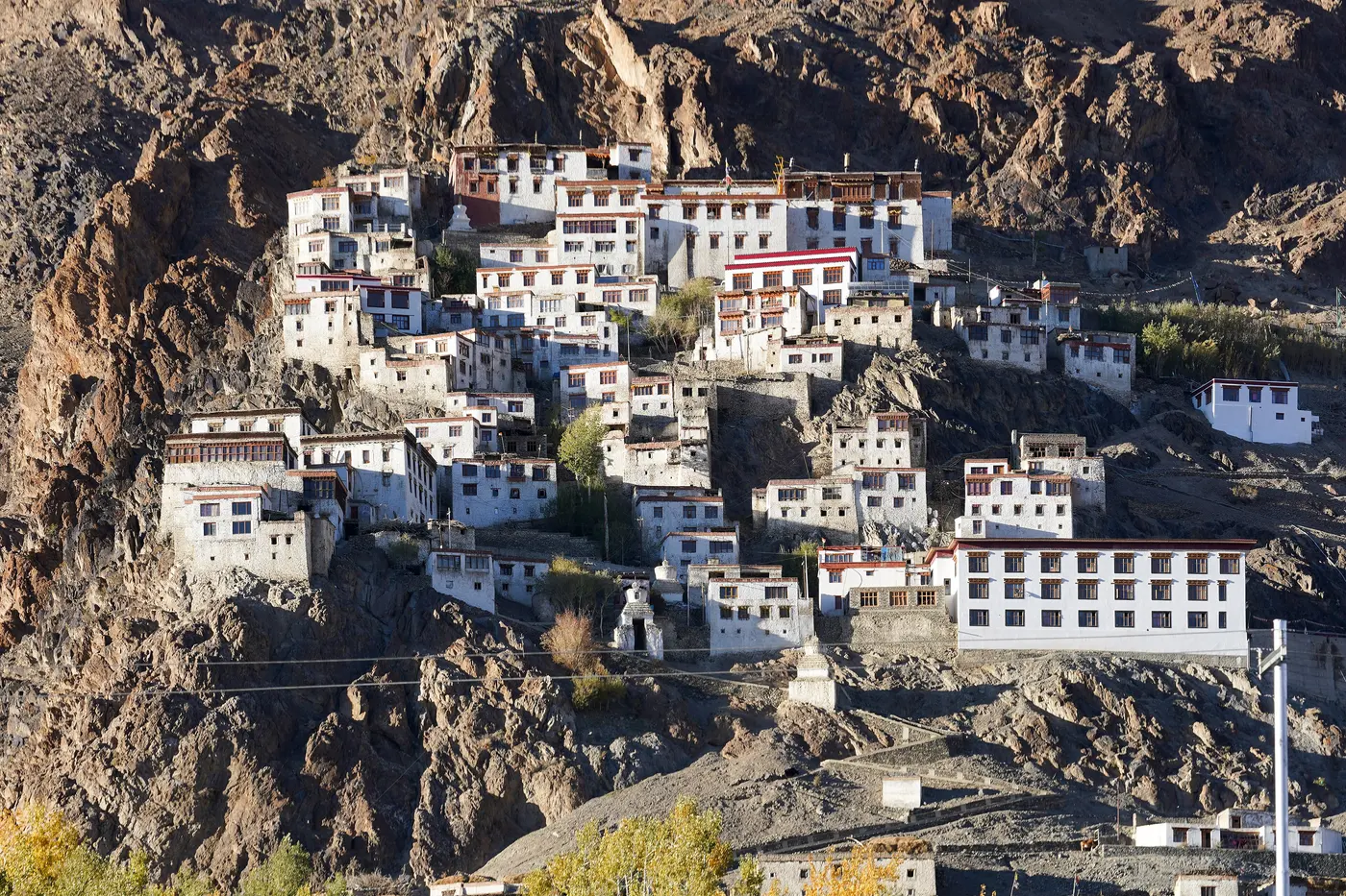 Karsha Monastery's cascading whitewashed buildings climbing the hillside above Karsha village, Zanskar