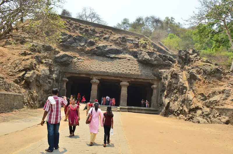 Carved pillars and sculpture inside the Elephanta Caves, Mumbai
