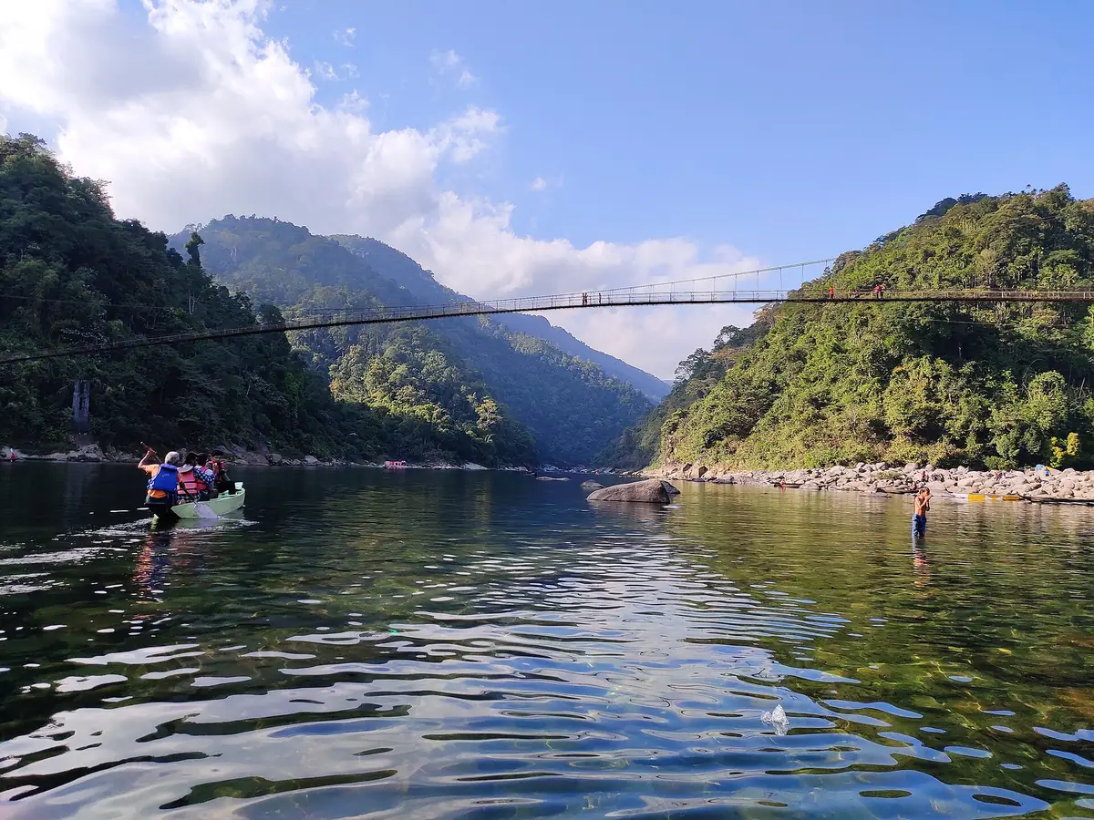Boats on the clear Umngot river at Dawki