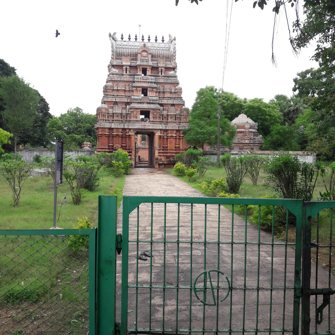The Swayambunathaswamy Temple gopuram behind a green gate in the village of Nedungadu