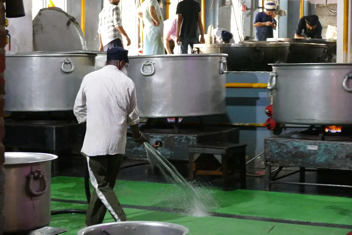 Rows of people eating at the Golden Temple langar