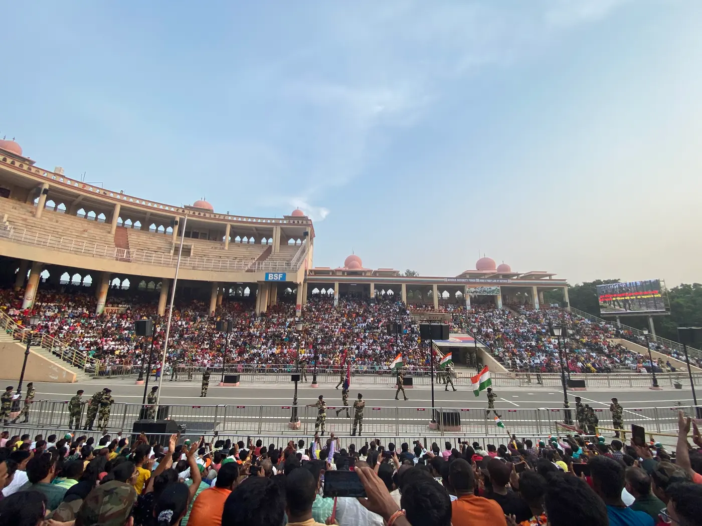 Crowds packing the grandstands at the Wagah Border for the nightly flag-lowering ceremony, near Amritsar