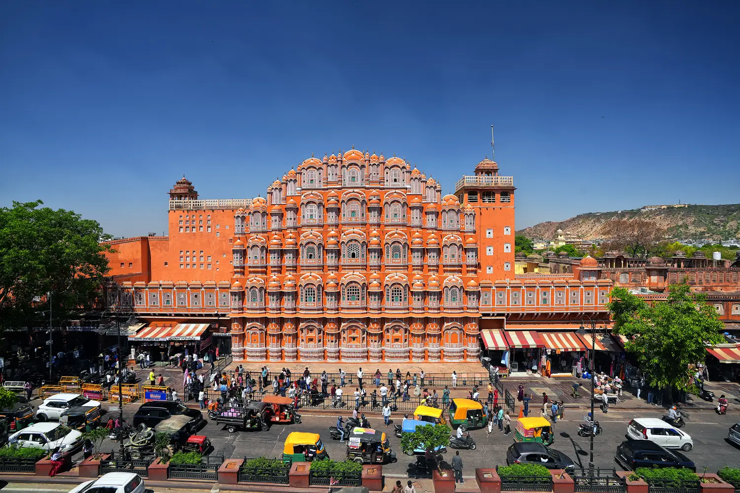 Pink sandstone facade of Hawa Mahal in Jaipur