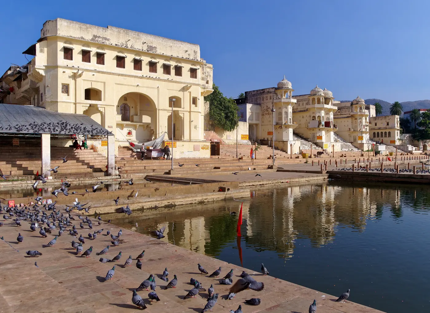 Whitewashed ghats and temples ringing the sacred waters of Pushkar Lake, Rajasthan