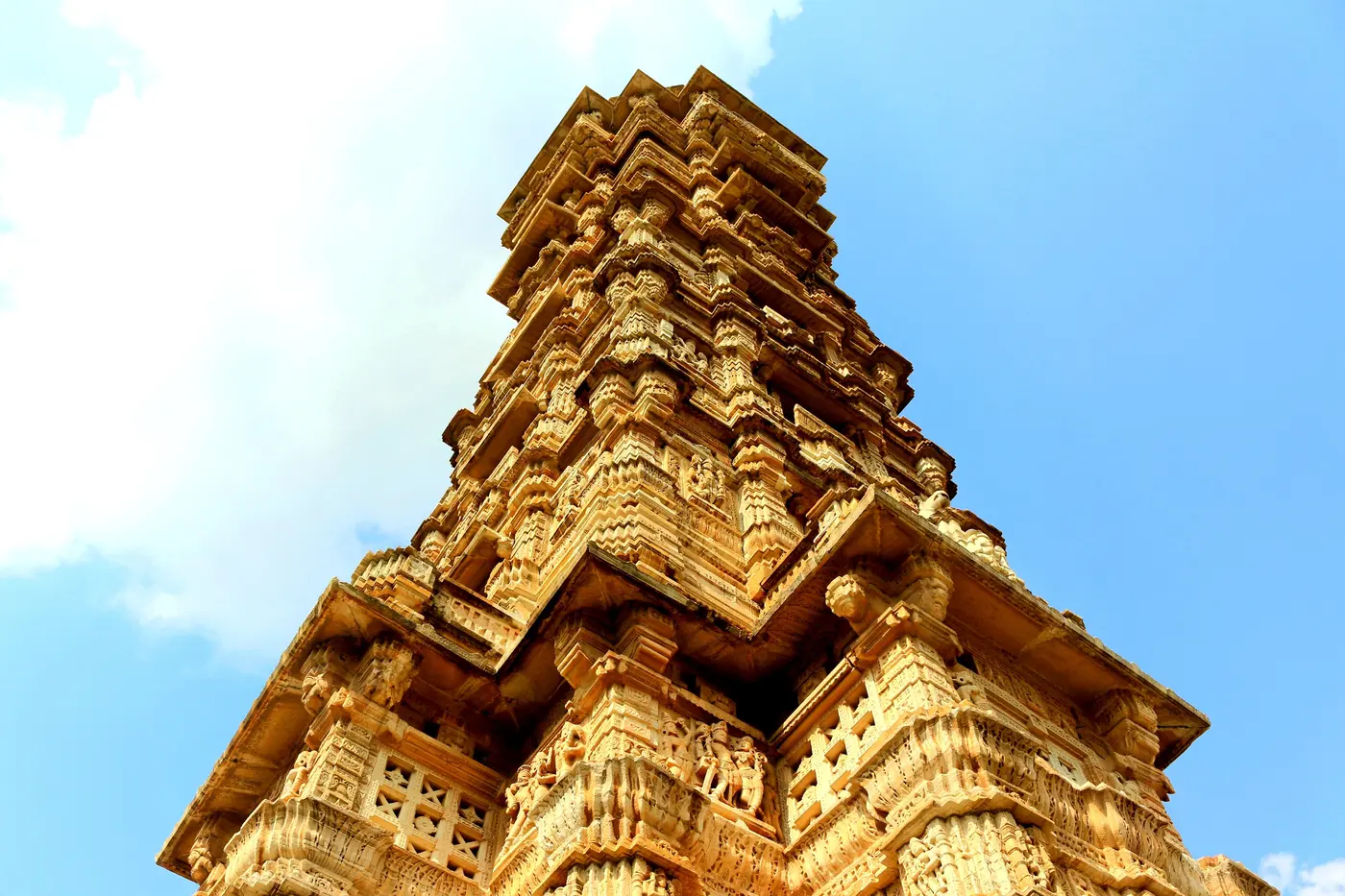The intricately carved Vijay Stambh (Victory Tower) inside Chittorgarh Fort