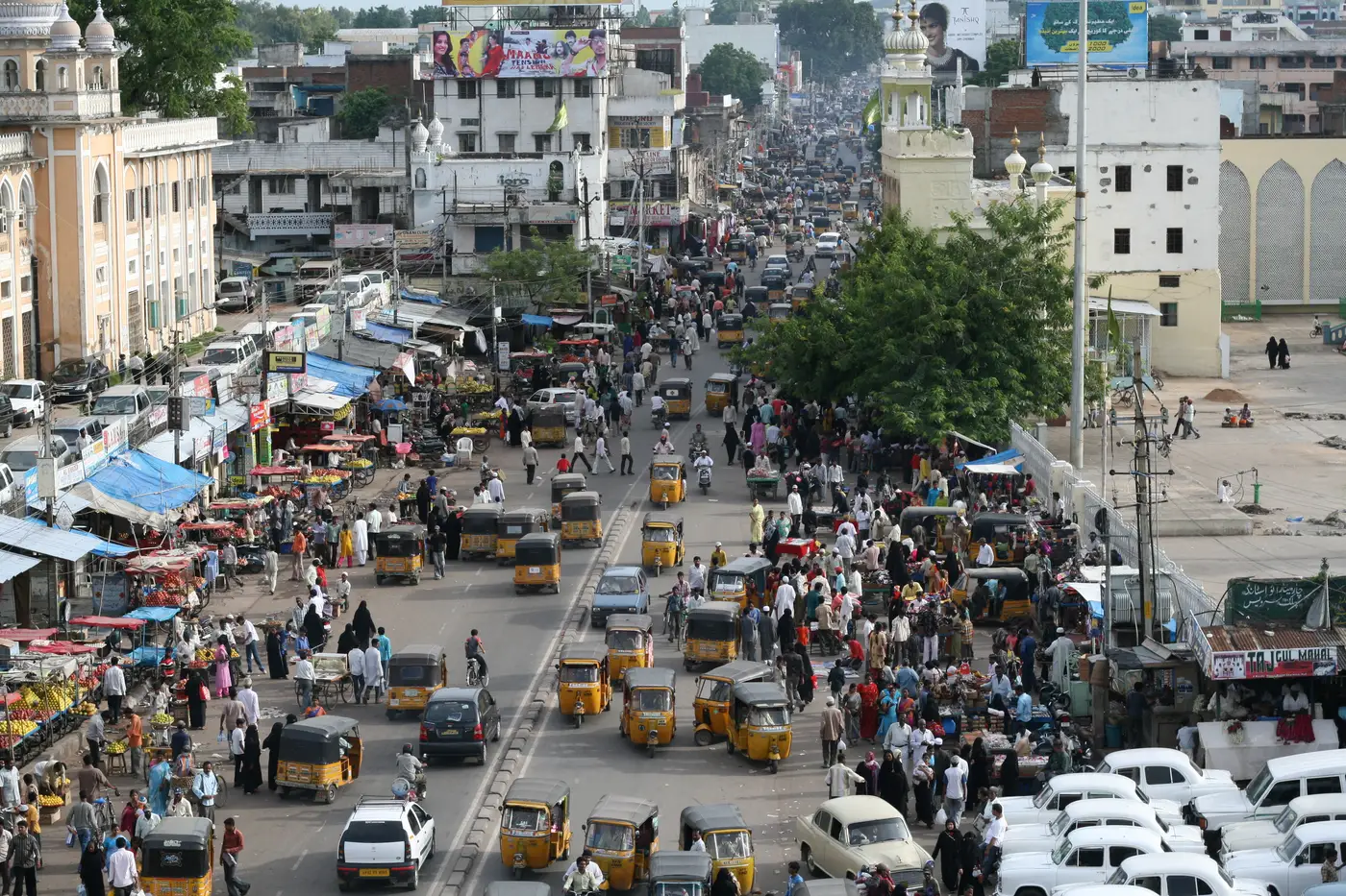Aerial view of the bustling Laad Bazaar street market beside Charminar in Hyderabad's Old City