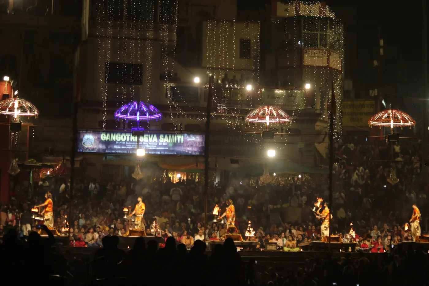 Priests performing the Ganga Aarti with lamps at Dashashwamedh Ghat, Varanasi