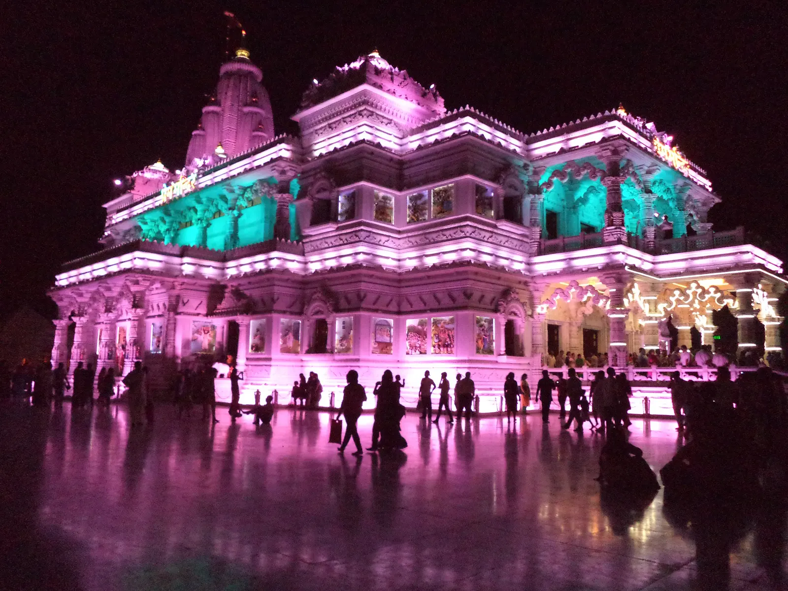 Prem Mandir illuminated at night in Vrindavan