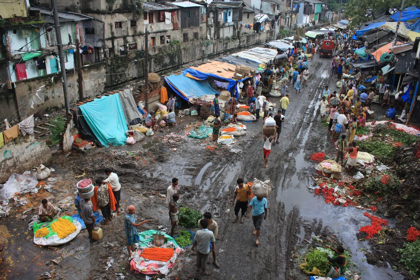 Mullick Ghat flower market with Howrah Bridge
