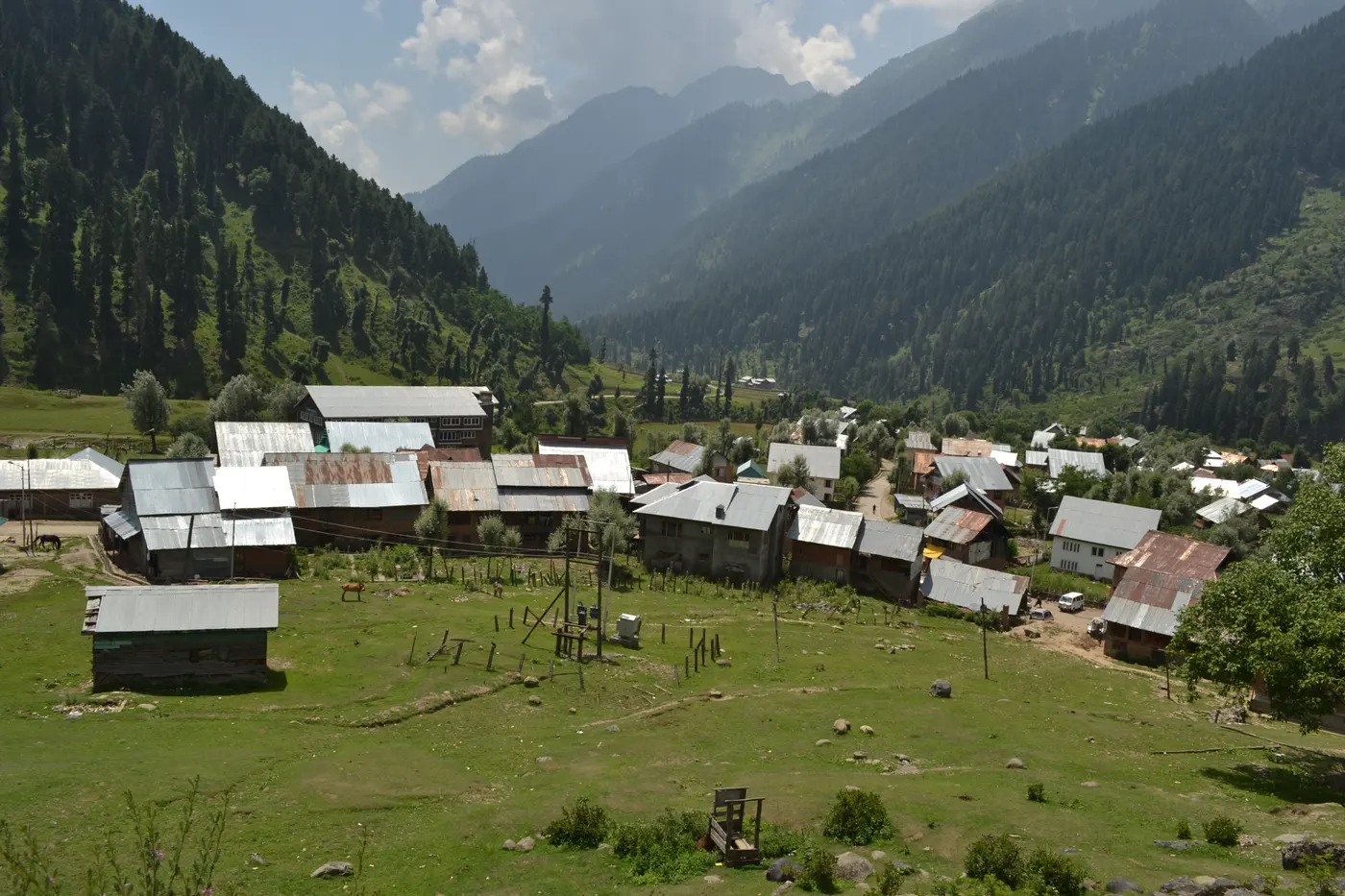 Aru Valley village with wooden-roofed houses set against pine-forested slopes near Pahalgam