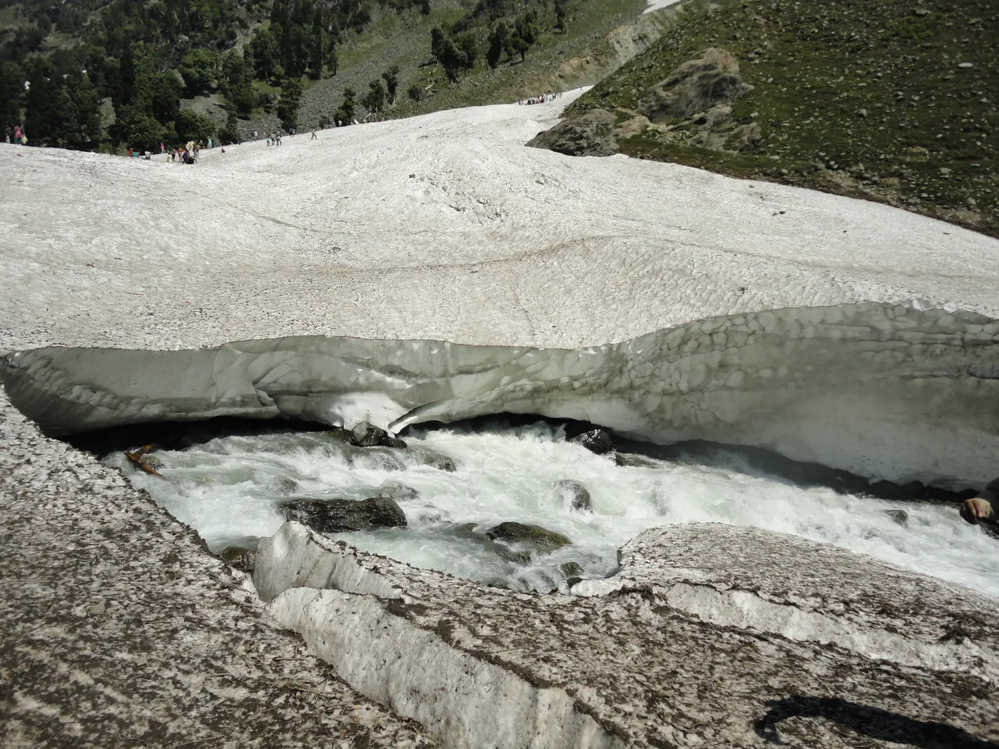 The snow bridge over the Lidder River at Chandanwari, Pahalgam