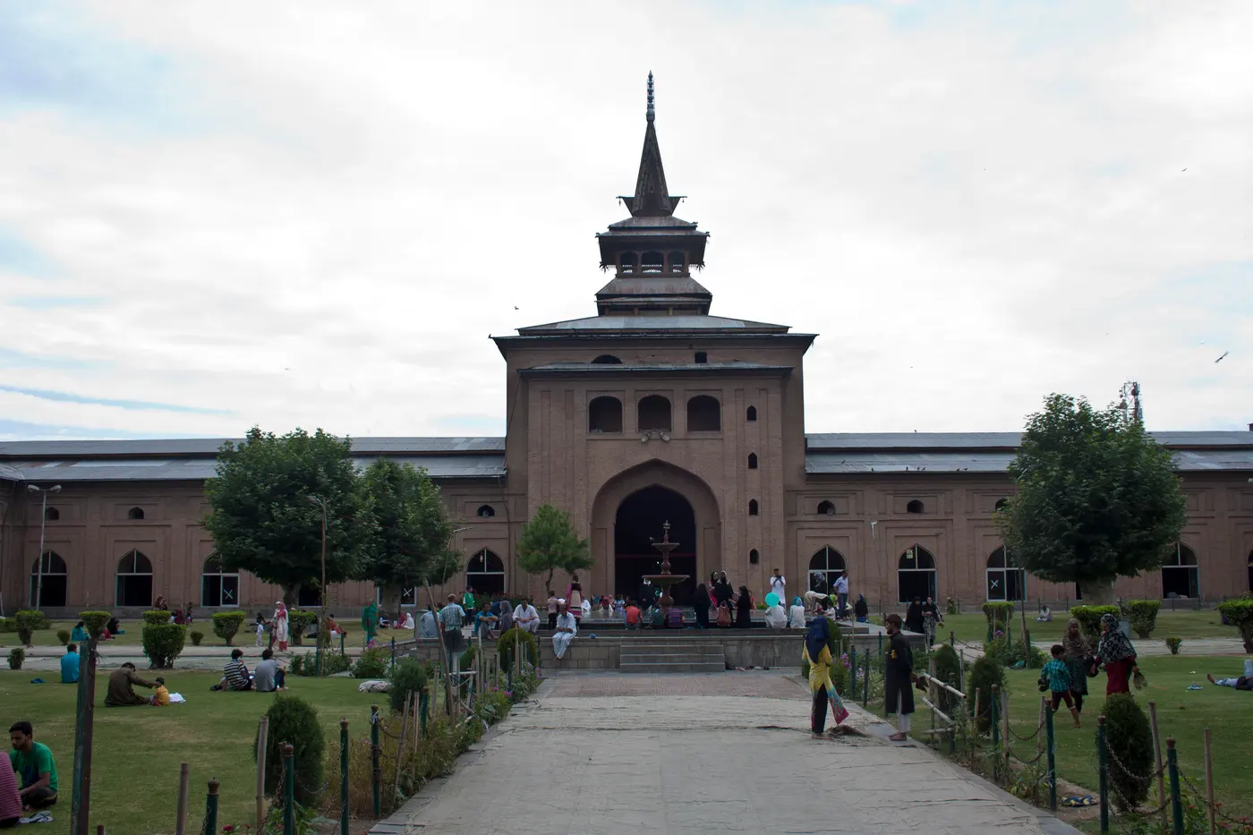 Jama Masjid's wooden pagoda-style minaret and courtyard in Srinagar's Old City