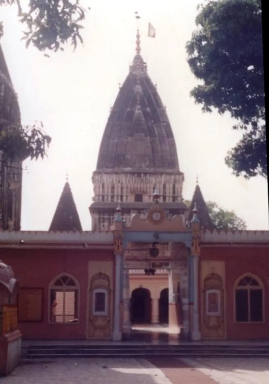 Stone shikhara tower and entrance gate of the Raghunath Temple complex in Jammu