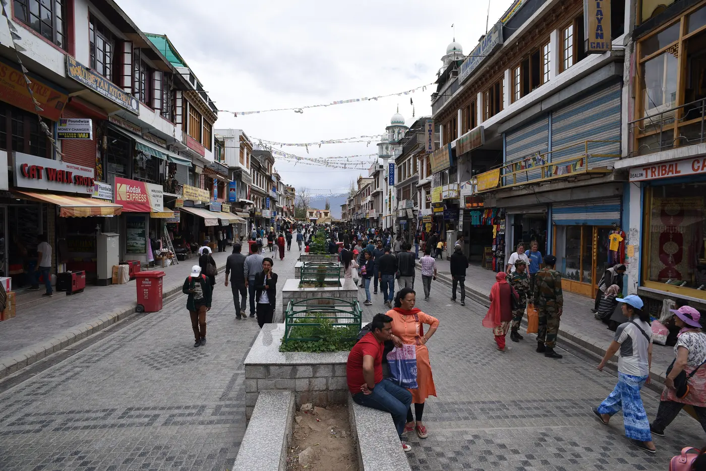 Leh main bazaar with shops and mountains