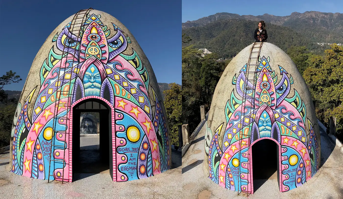 Psychedelic mural-covered meditation dome at the Beatles Ashram (Chaurasi Kutia) in Rishikesh