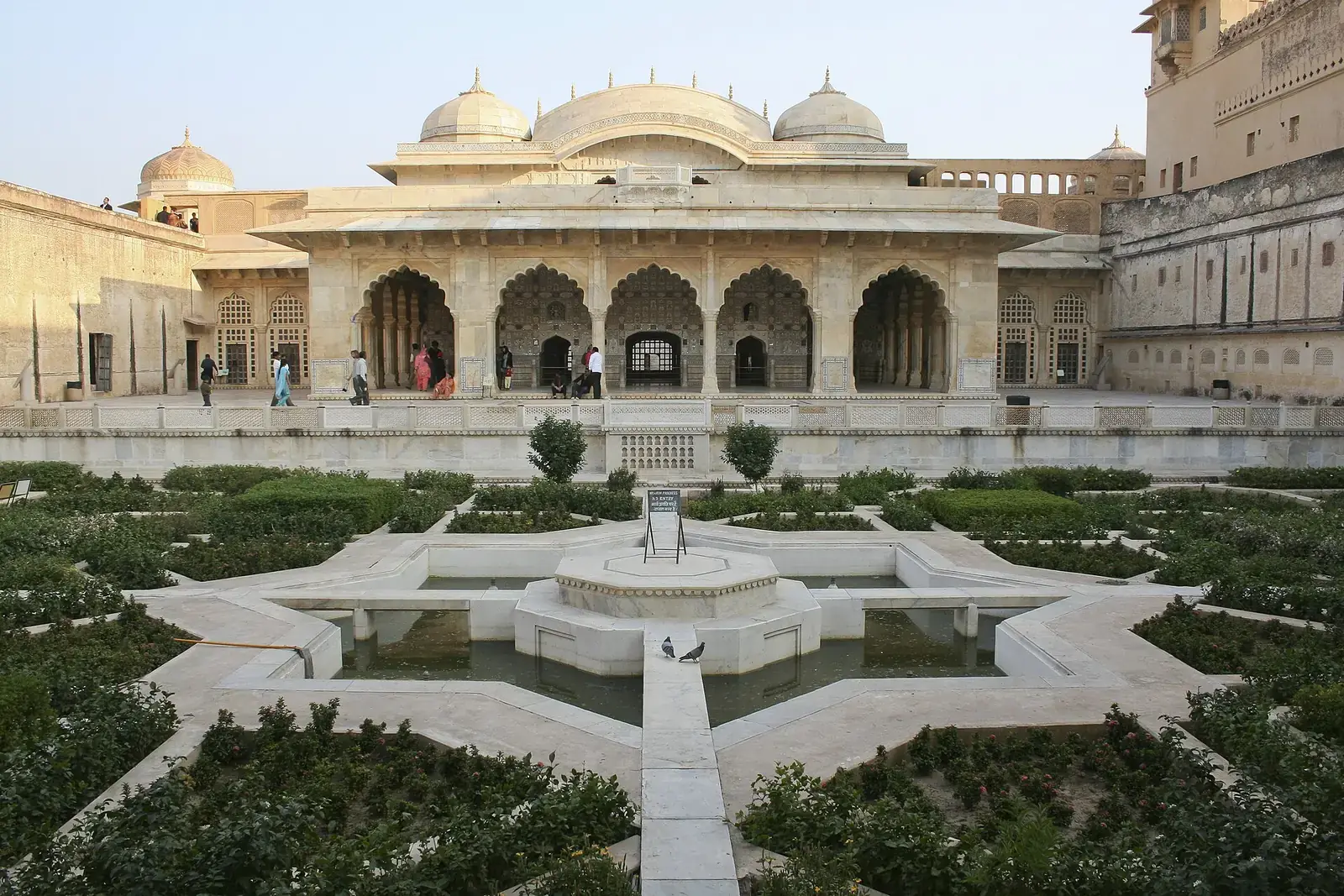 The garden courtyard and Jai Mandir palace inside Amber Fort, near Jaipur