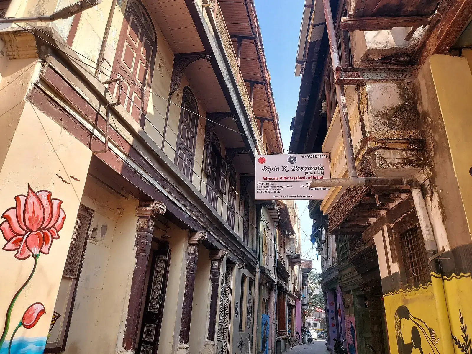 A lane of carved wooden houses in Desai ni Pol, old Ahmedabad