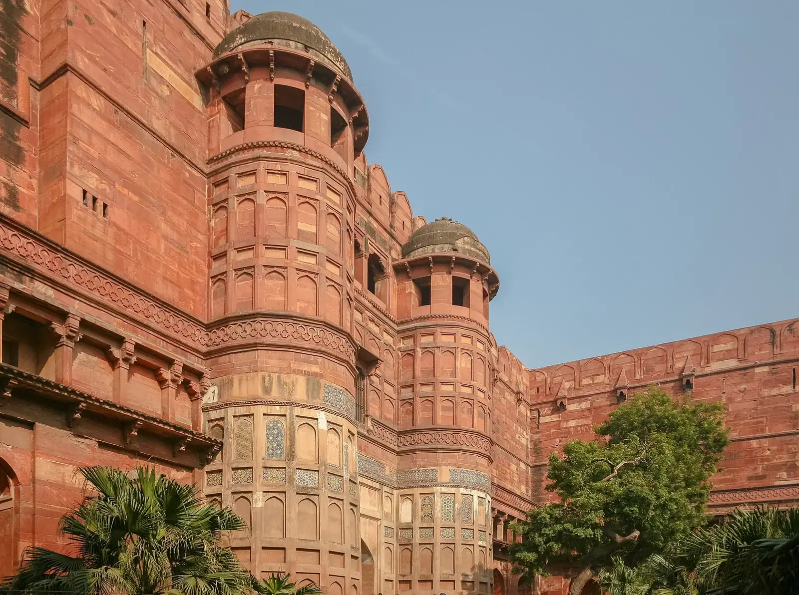 Bastions of the red sandstone walls of Agra Fort