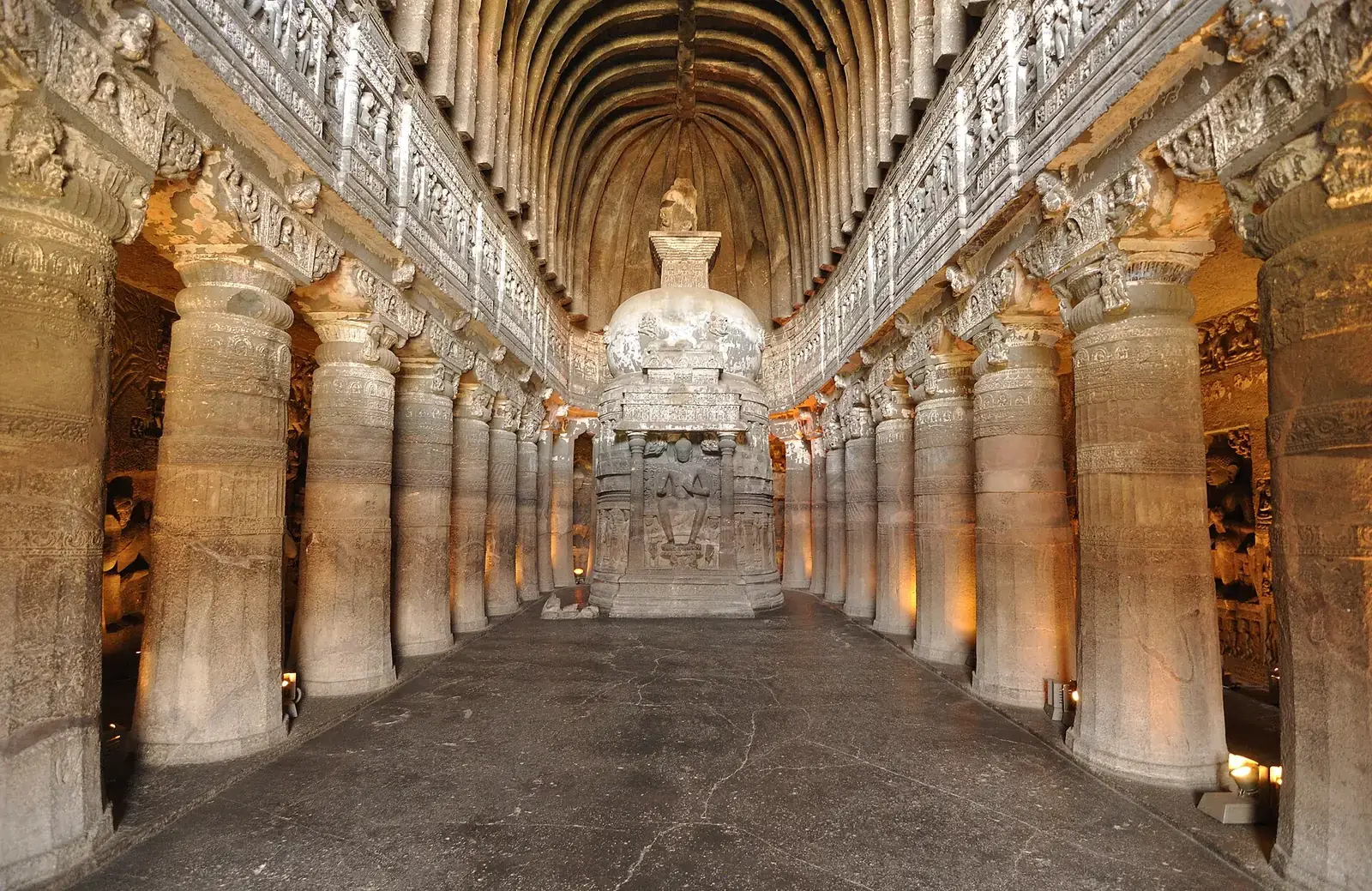 The rock-cut prayer hall of Cave 26 at Ajanta, with its stupa