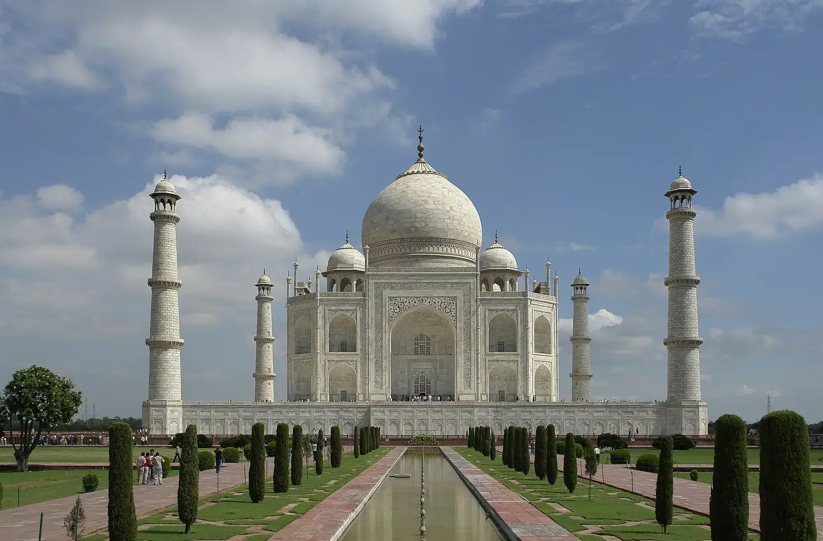 The Taj Mahal seen from the gardens along the central water channel