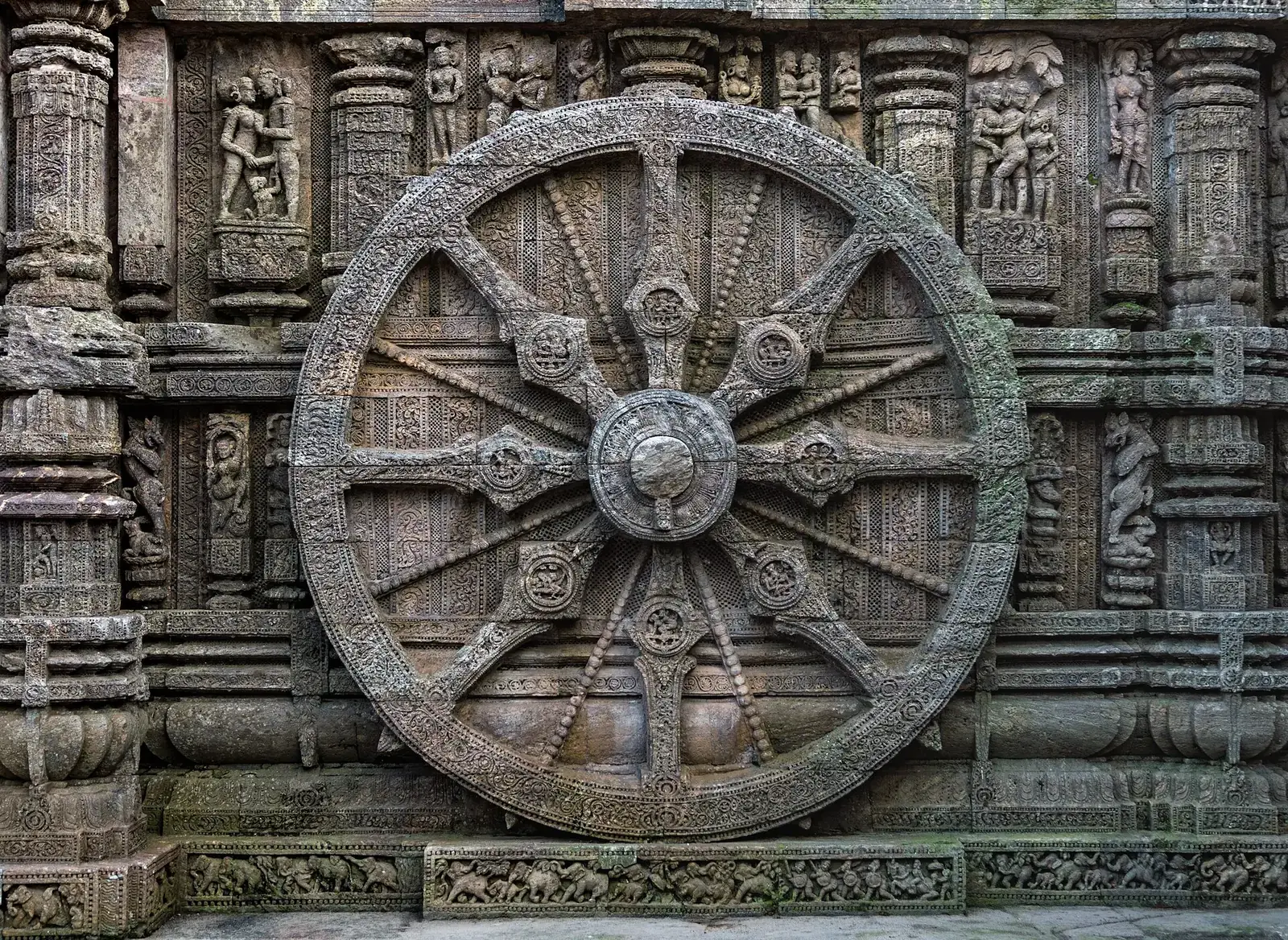 A carved stone wheel of the Sun Temple at Konark, Odisha