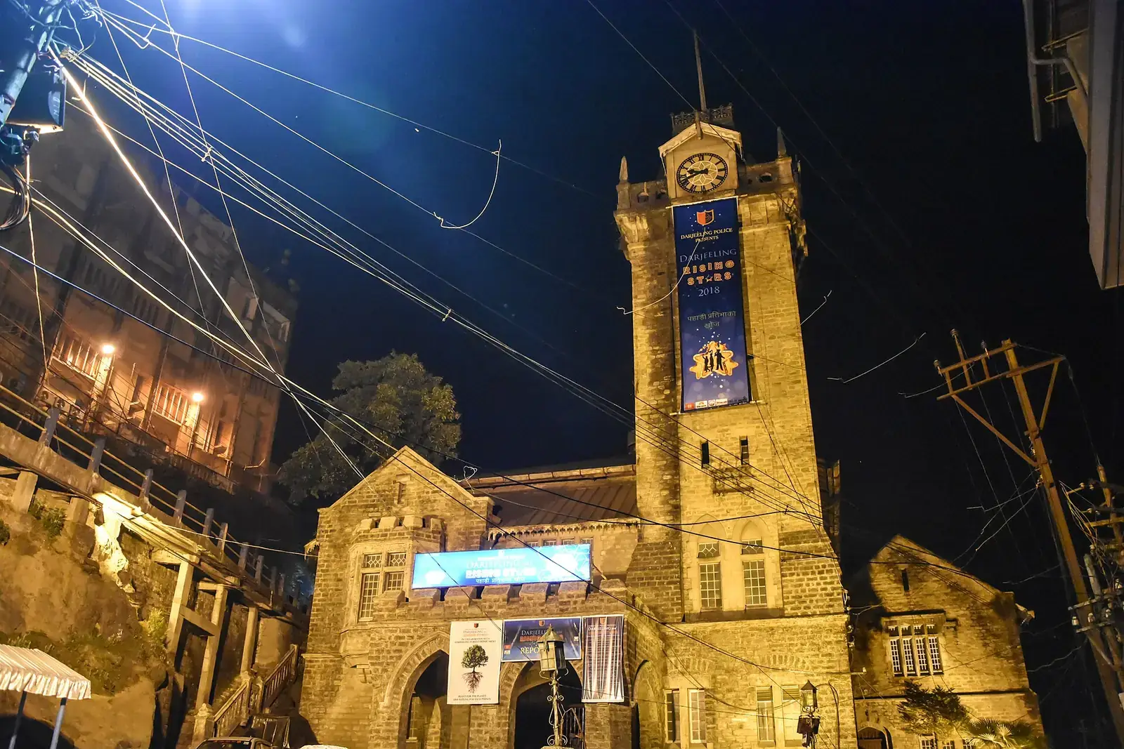 The clock tower of Darjeeling's municipal building at night