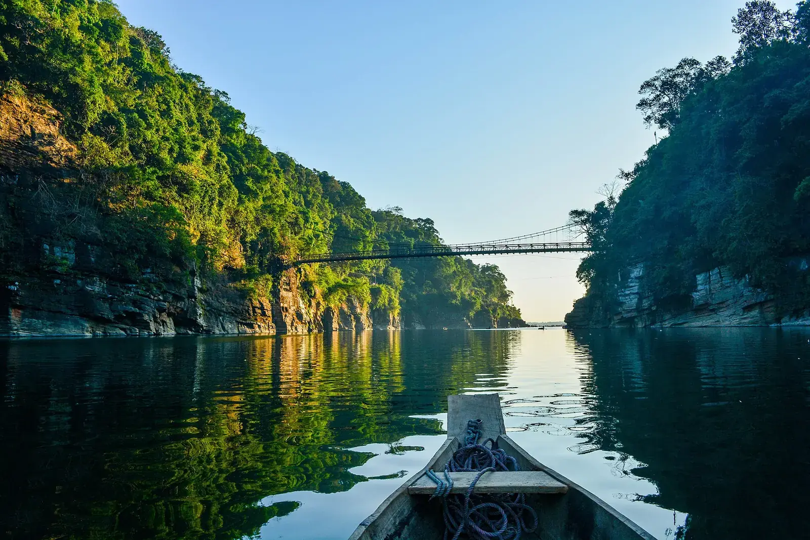 A boat on the clear Umngot river at Dawki, Meghalaya