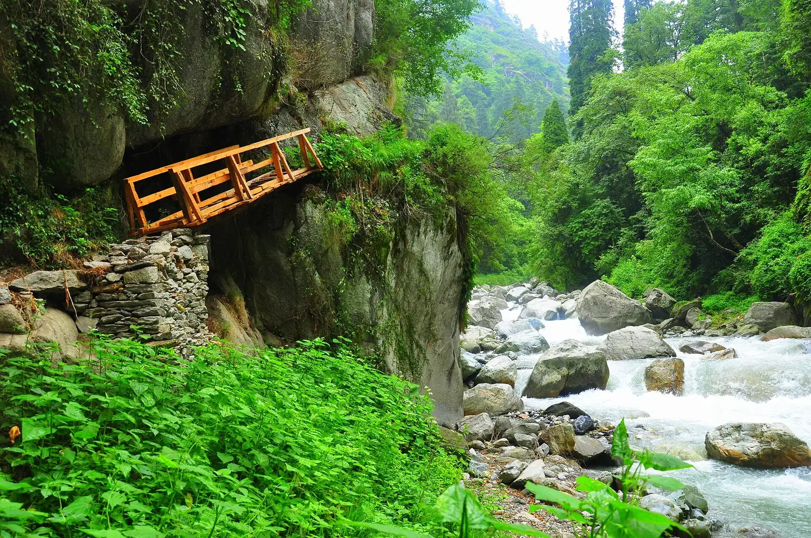 A footbridge over the Tirthan river, Kullu district, Himachal Pradesh