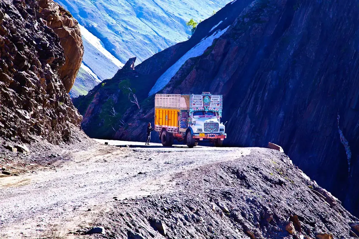 A truck on the cliff road over Zojila, between Sonamarg and Drass